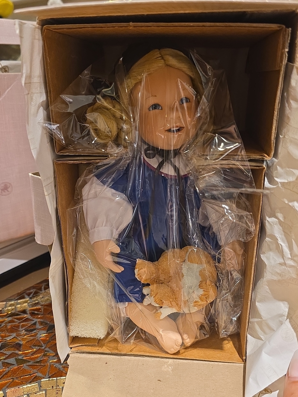 Blue Dress Doll with Blonde Hair and Plush Cat